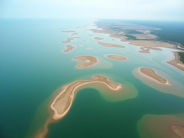 Vue aérienne de l'estuaire de la Gironde, où fleuves et océan se rejoignent, avec des teintes douces et naturelles.